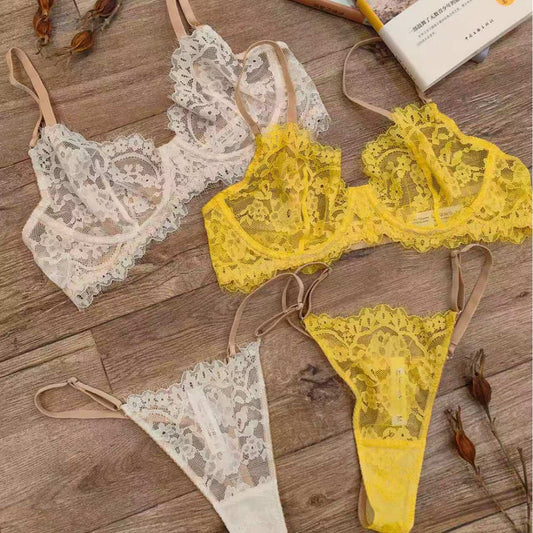FREEDOMBEAUTY | French lace underwear sponge-free sexy bra foreign trade big breasts small gathering bra set Lingerie