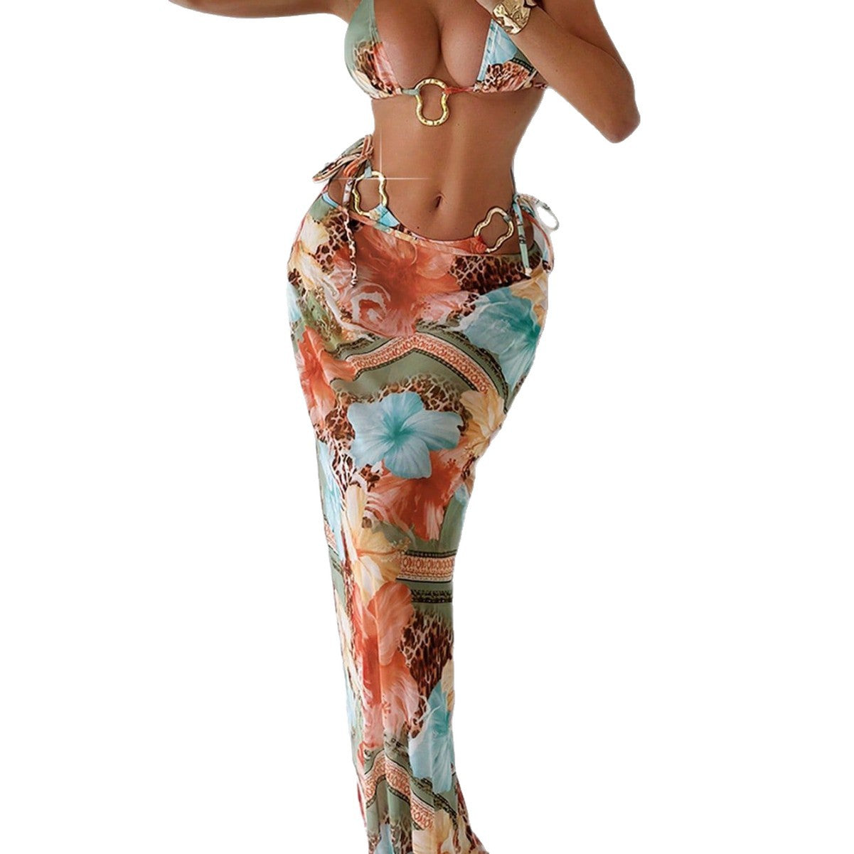 FREEDOMBEAUTY | Split bikini metal accessories with long skirt three-piece printed swimsuit women's factory direct sales wholesale