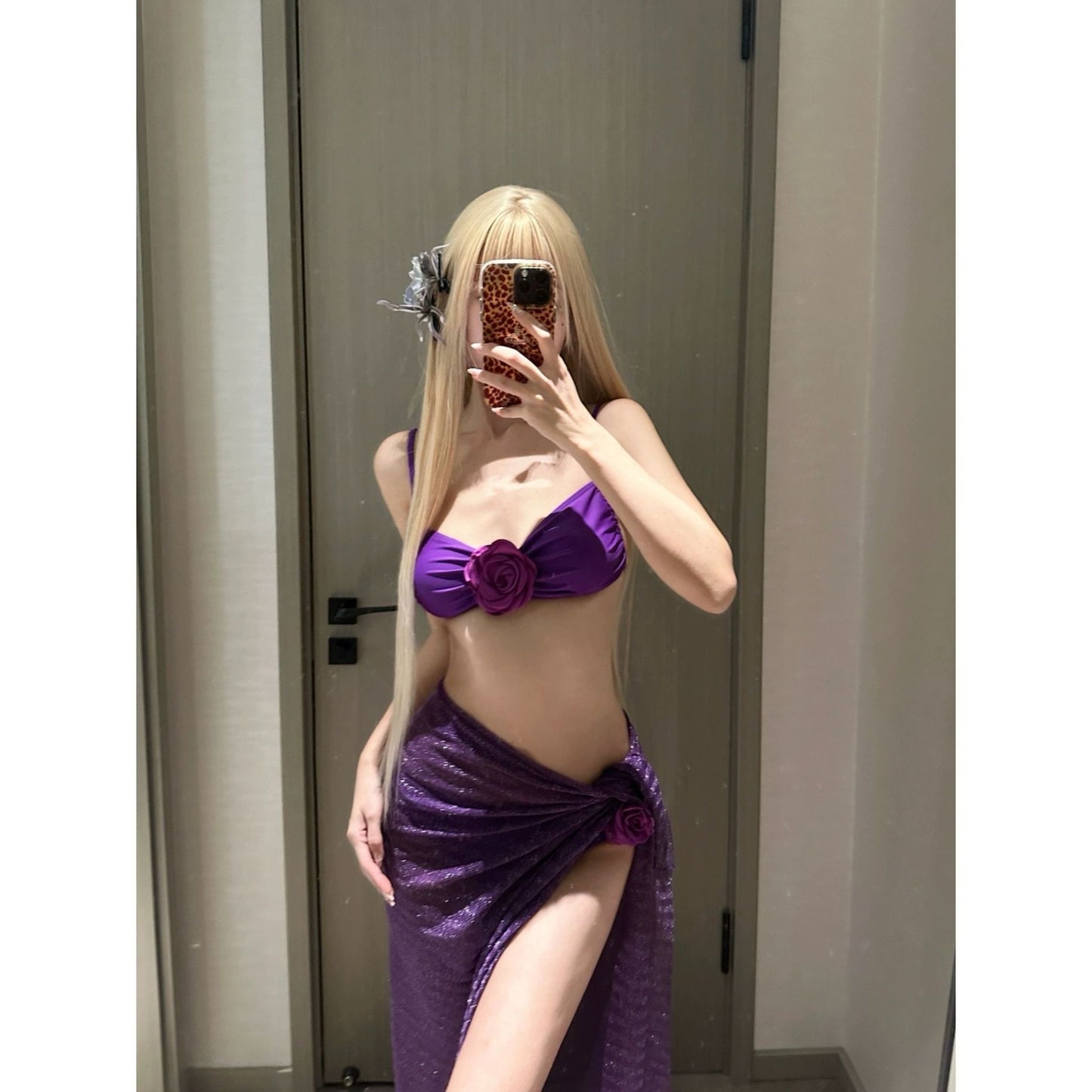 freedombeauty|Purple Elegant Pure Desire Sexy Floral Bikini Cover-Up Tie Skirt Long Skirt Cover-Up Skin Whitening Two-Piece Swimsuit