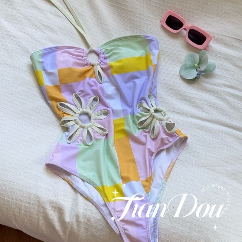 freedombeauty|[Rainbow Bubbles] Summer High-Quality Sexy Hollow-Out Floral One-Piece Swimsuit Bikini Dopamine Pure Desire