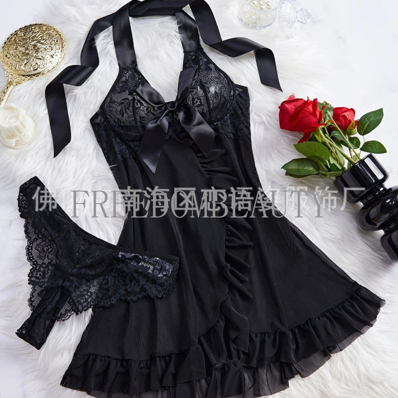 Freedombeauty | Sexy Seduction Sexy Sleepwear Suit Lace Bow Mesh See-through Halter Nightdress Source Factory Hair