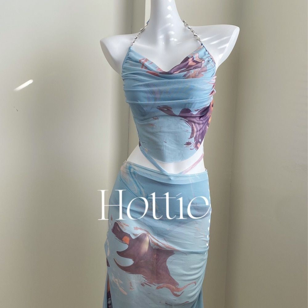 freedombeauty|2024 New Two-Piece Skirt Style Three-Piece Swimsuit Small Chest Underwire Gathered Long Skirt Beach Vacation Swimwear