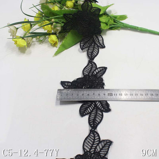 Freedombeauty | Black Flower Leaves with Edge Pattern Narrow Embroidery Lace Accessories Curtain Handmade Lace