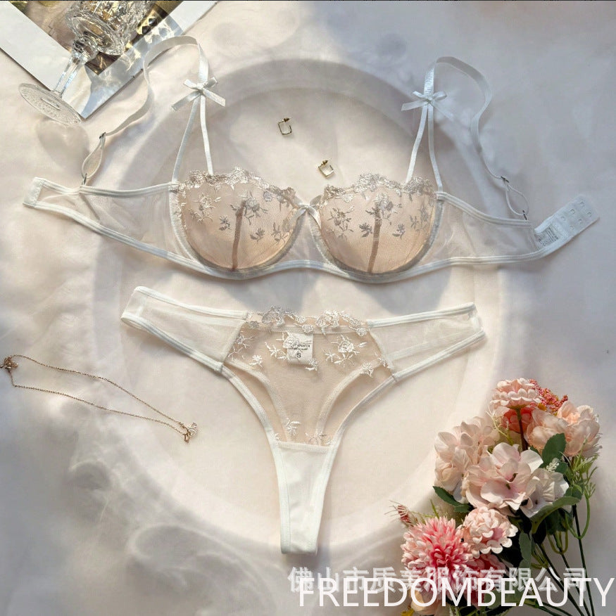 FREEDOMBEAUTY | Y French underwear feminine ink painting embroidery butterfly lace bra set thin cotton cup big breasts show small bra