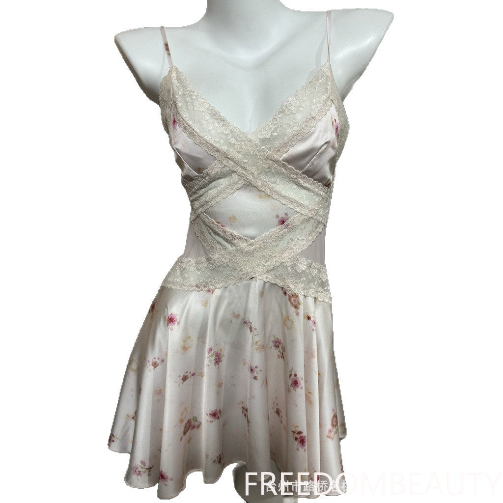 FREEDOMBEAUTY71090 Lace suspender nightdress women's summer ice silk pure desire wind perspective splicing sexy loungewear with chest pad