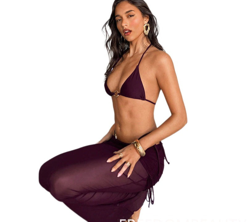 FREEDOMBEAUTY | 2026 summer beach swimsuit set, European and American new swimsuit long-sleeved sunscreen, mesh three-piece swimsuit for women