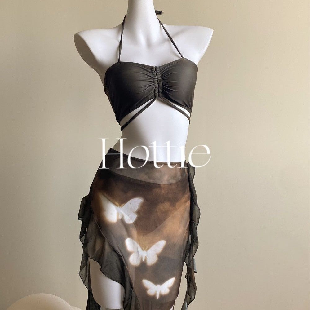 freedombeauty|[Desert Butterfly] Wasteland Style Cool Temperament Bikini Two-Piece Swimsuit Four-Piece Set Vacation Long Dress with Cover-Up
