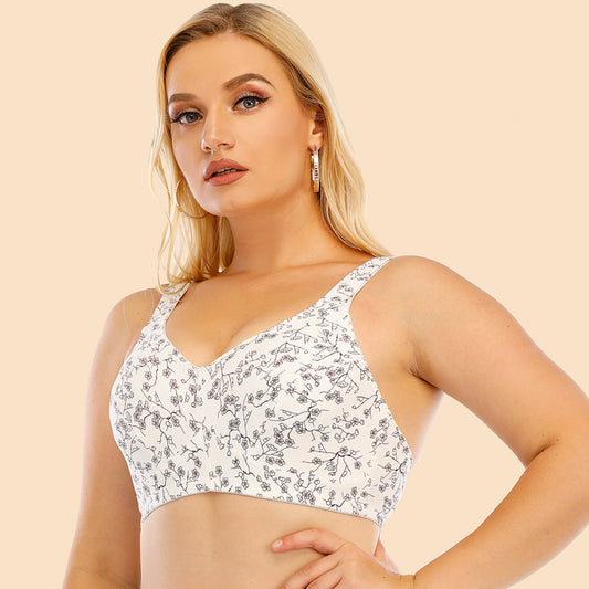 Freedombeauty | Cotton Wireless plus Size Bra Printing Chinese Style Wide Shoulder Strap Comfortable Underwear European and American Bra Def Breathing Bra