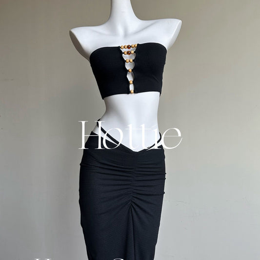 freedombeauty|New Chinese Style Beaded Strapless Two-Piece Long Skirt Bikini Three-Piece Set Sexy Hot Girl Slimming Beach Spa Swimsuit