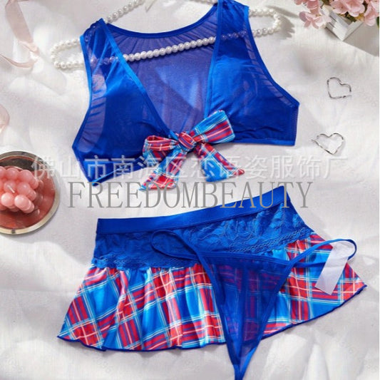 Freedombeauty | Sexy Uniform Plaid Backless Role Play Charm Seduction Sexy Three-Piece Uniform