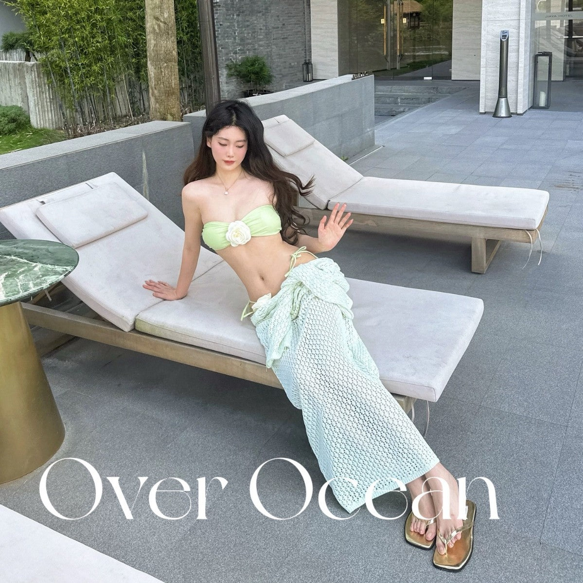 freedombeauty|[Princess Jasmine] Beach Vacation Long Dress Atmosphere Pure Desire Green Grape Green Two-Piece Swimsuit Bikini Sexy Summer