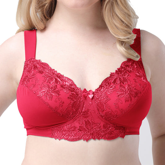 Freedombeauty | Red Full Cup Wireless Ultra-Thin plus Size Bra Embroidered Lace Edge Translucent Sexy European and American Underwear Bra