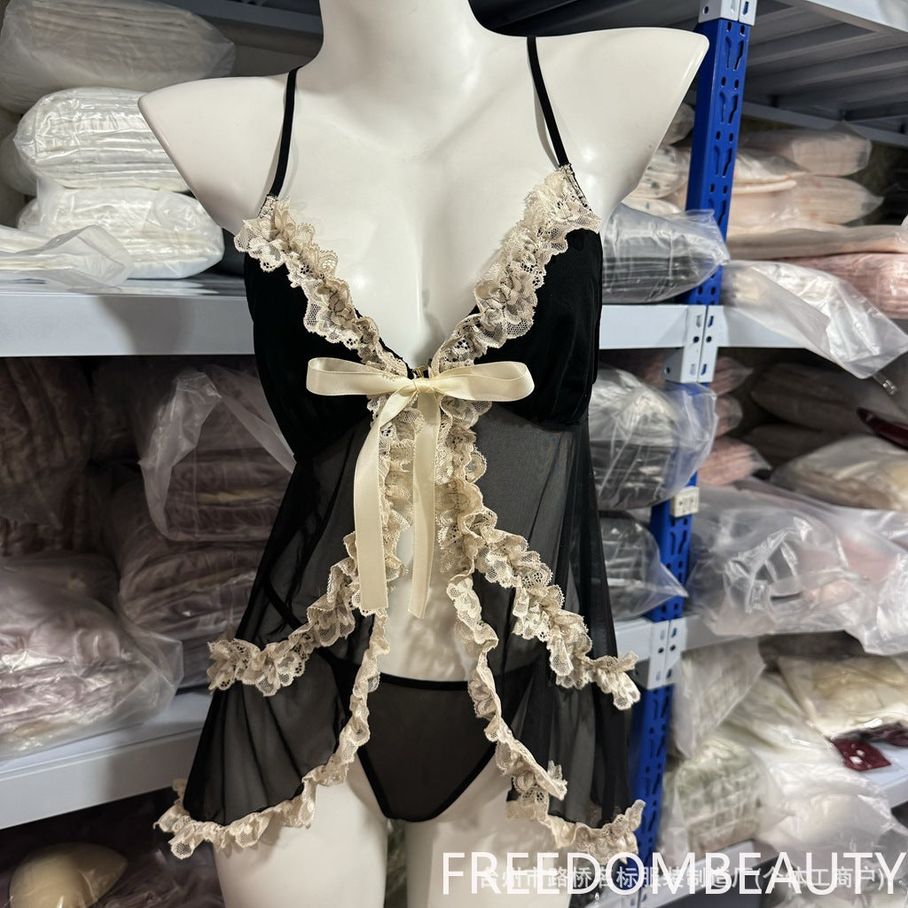 FREEDOMBEAUTY | 50980 Sexy Deep V Chest Collapse Plus Chest Pad Mesh Lace Suspender Dress with Removable Chest Pad