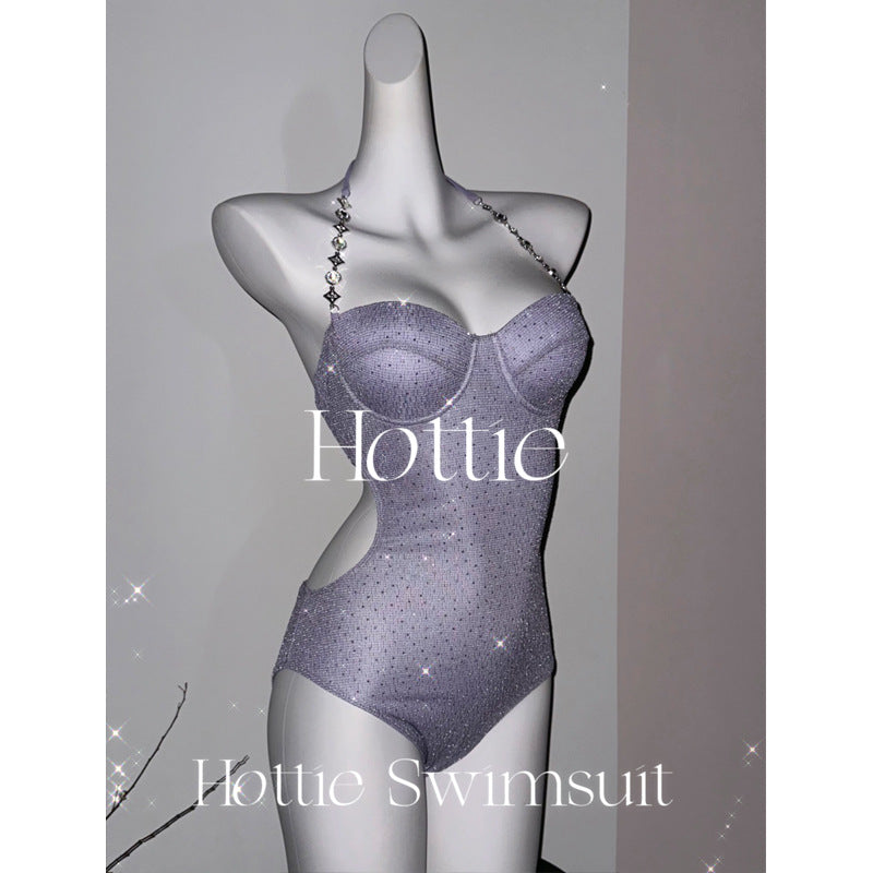 freedombeauty|Shiny Rhinestone High-End One-Piece Swimsuit Two-Piece Set with Hip-Hugging Skirt and Underwire Push-Up Sexy Backless Swimsuit 4167
