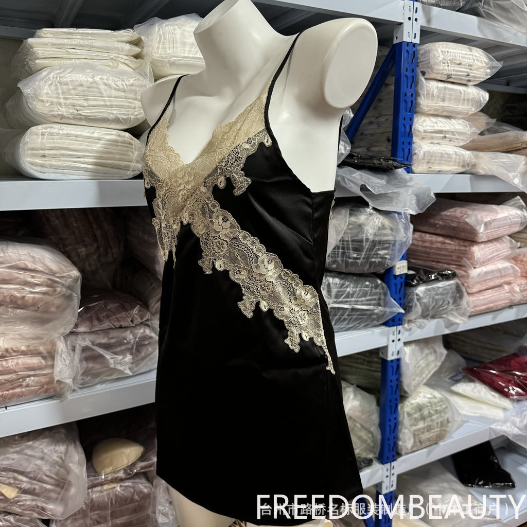 FREEDOMBEAUTY | 7018 pajamas female sexy deep v lace stitching satin suspender nightdress lace-up robe loungewear set