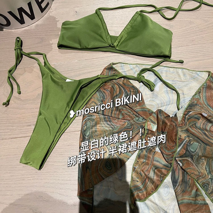 freedombeauty|Mosricci Hip-Hugging Sexy Drawstring Hot Girl Bikini Three-Piece Swimsuit Set for Women with Straps European and American Style Internet Celebrity