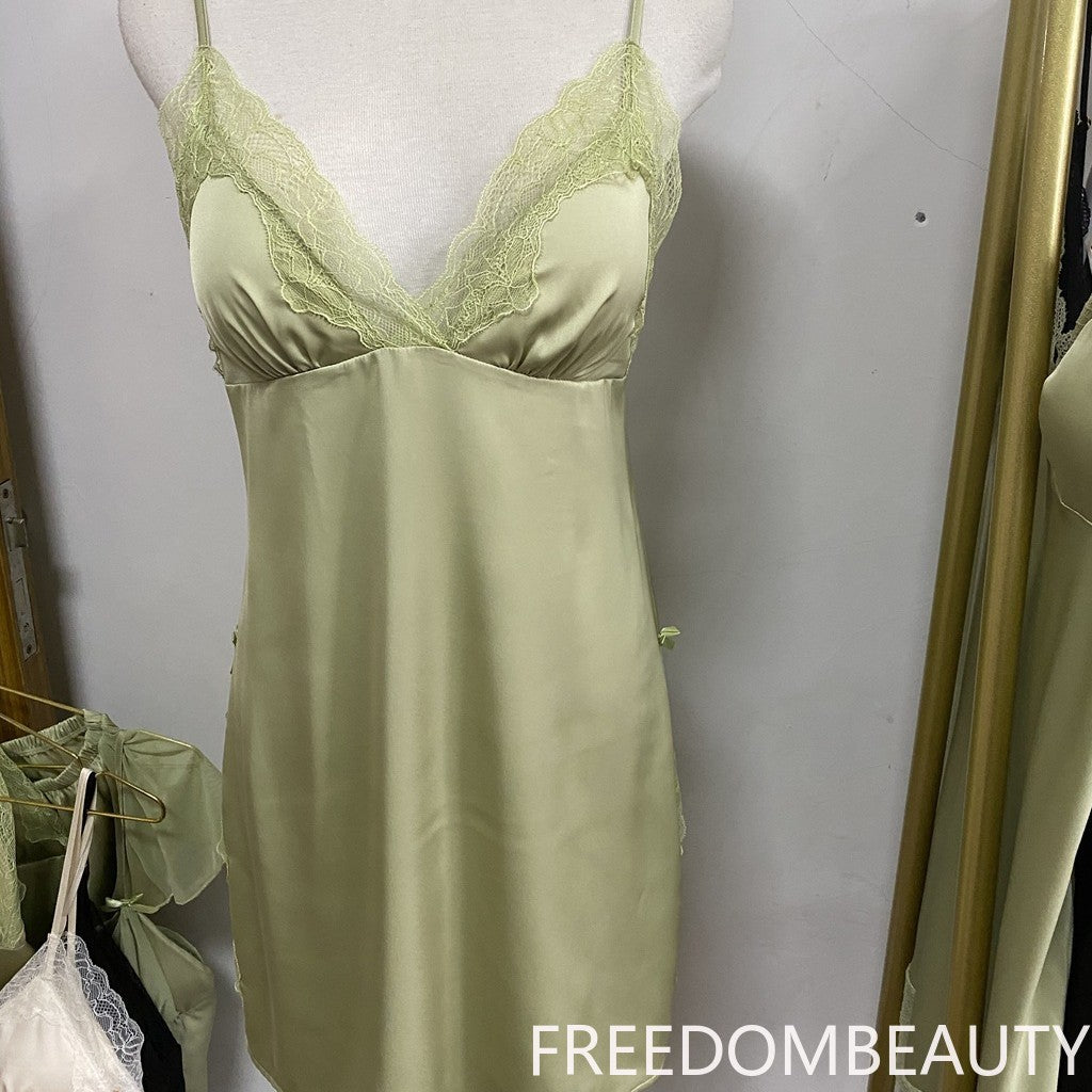 FREEDOMBEAUTY | 7077 Sexy pajamas women's summer ice silk new nude lace premium light luxury with chest pad suspender nightdress