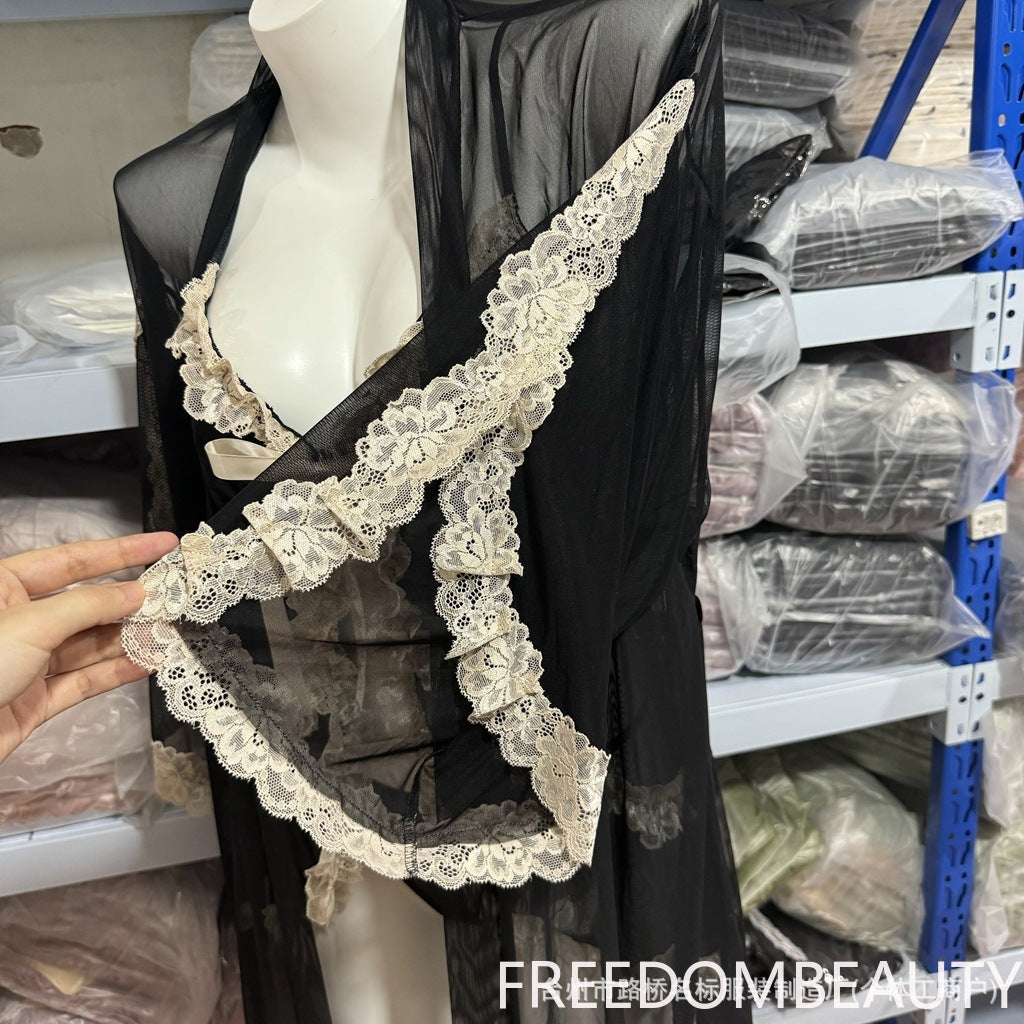 FREEDOMBEAUTY | 5099 Sexy mesh lace robe lace-up jacket New spot cardigan, matching nightgown