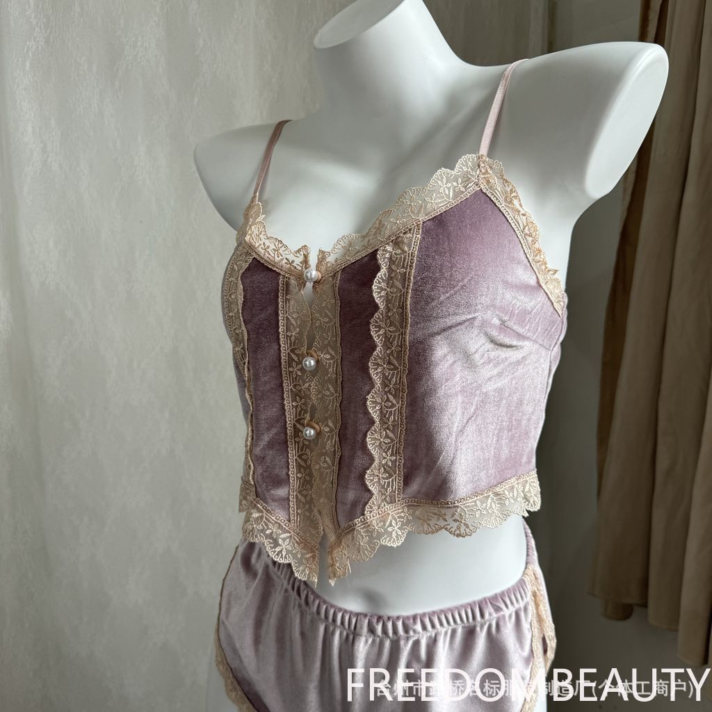 FREEDOMBEAUTY | 8018 Velvet Two-piece Sexy Pajamas Sexy Embroidered Loungewear without Removable Chest Pad