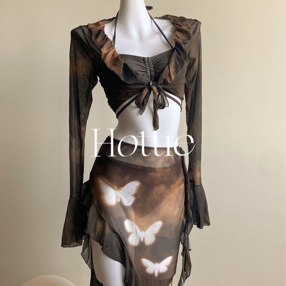 freedombeauty|[Desert Butterfly] Wasteland Style Cool Temperament Bikini Two-Piece Swimsuit Four-Piece Set Vacation Long Dress with Cover-Up