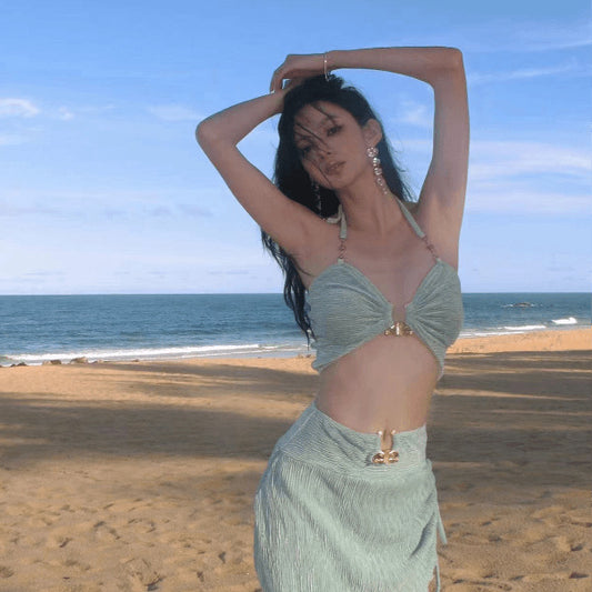 freedombeauty|[Mint Mambo] Sexy Two-Piece Skirt Style Three-Piece Bikini Small Chest Gathered Hot Spring Beach Vacation Swimsuit