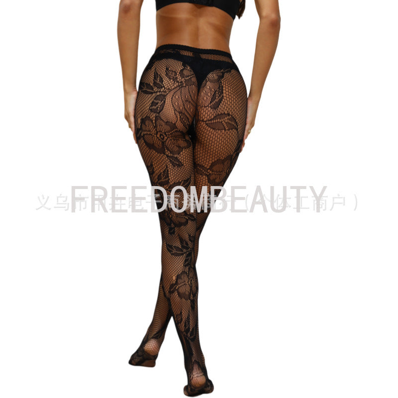 FREEDOMBEAUTY | Sexy lace big flower leaf pantyhose fishing net pattern black silk fine mesh 2025 new