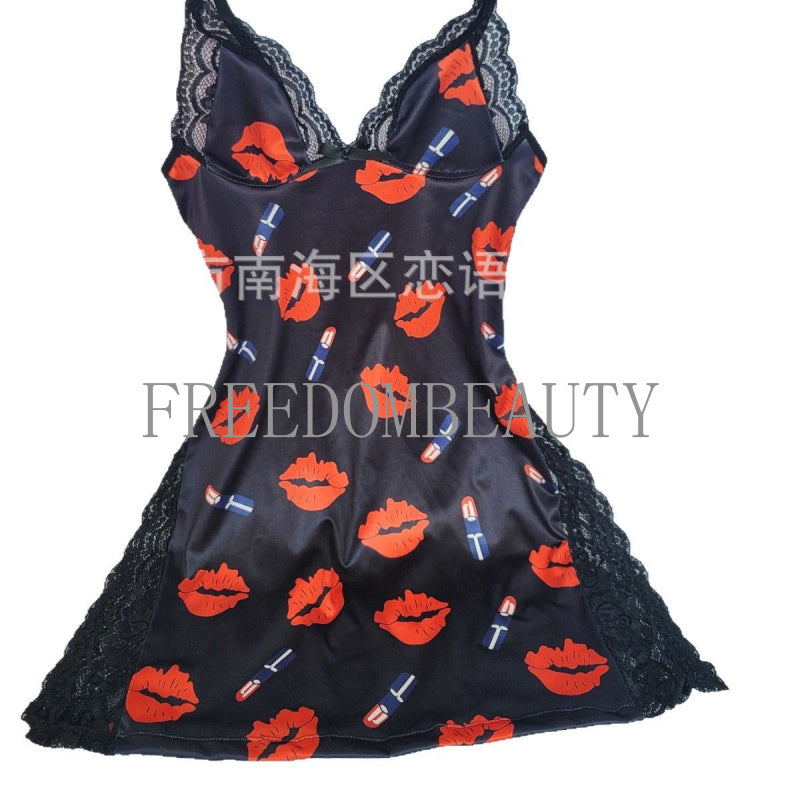 Freedombeauty | Exclusive for Playful Red Lips Printed Slip Nightdress Fashion Pure Desire Style Split Sling Pajamas
