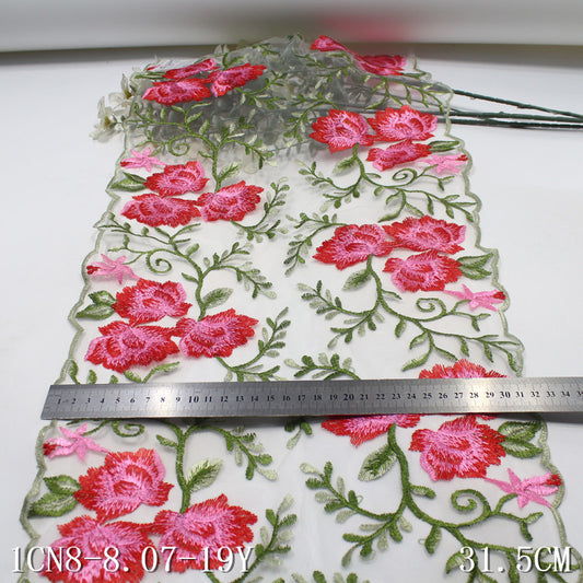 freedombeauty|Transparent Mesh Spring Double-Sided Red Flower Cluster Embroidery Trim Textured Decorative Curtain Fabric Tablecloth DIY