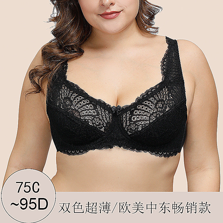 Freedombeauty | Lace Untra Thin Push up Bras Steel Ring plus Size Girl's Underwear Big Chest Display Little European and American Style New Bra Bra M