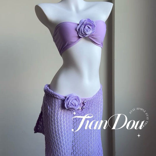 freedombeauty|[Drunken] High-Quality Vacation Sexy Beach Two-Piece Swimsuit Women Bikini Three-Piece Set Purple Brightening