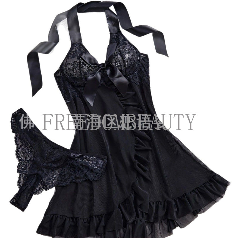 Freedombeauty | Sexy Seduction Sexy Sleepwear Suit Lace Bow Mesh See-through Halter Nightdress Source Factory Hair