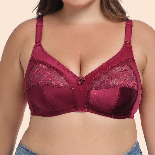 Freedombeauty | Wine Red C Cup Ultra-Thin Full Cup without Steel Ring Lace Stitching Translucent plus Size Bra European and American Style Underwear