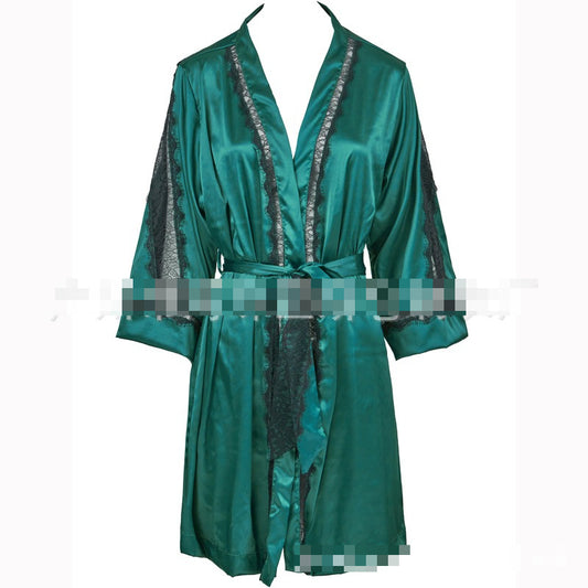 FREEDOMBEAUTY | FQ2825 high-quality satin satin splicing eyelash lace see-through nightgown seven-quarter sleeve air-conditioned room luxurious and noble