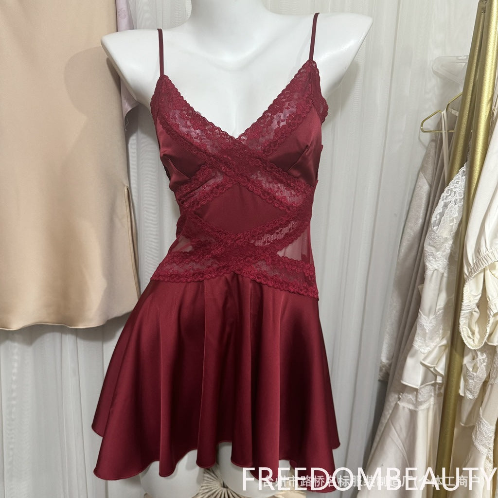FREEDOMBEAUTY71090 Lace suspender nightdress women's summer ice silk pure desire wind perspective splicing sexy loungewear with chest pad