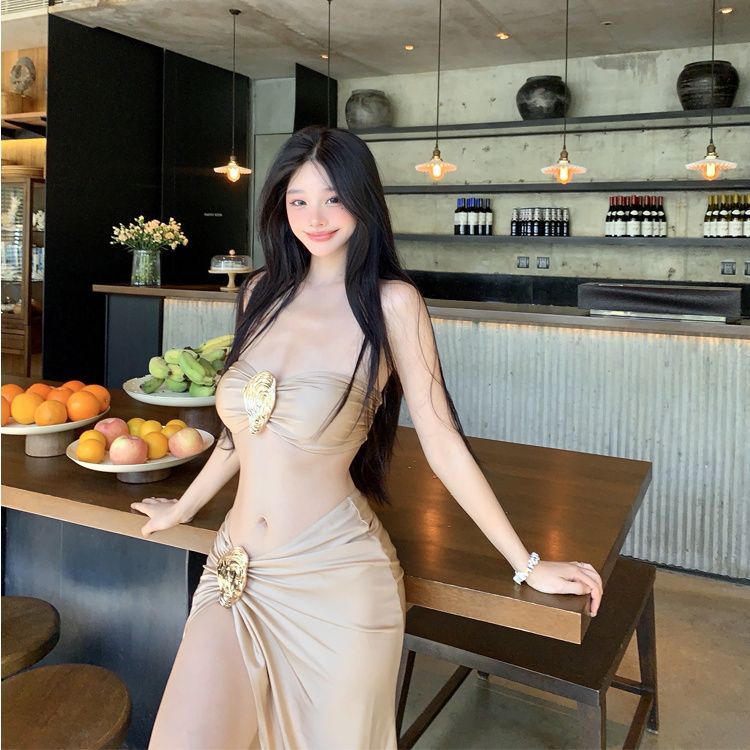 freedombeauty|Bikini Set European and American Style Metal Pleated Strapless Top with Slit Swimsuit Beach Vacation Beach Skirt