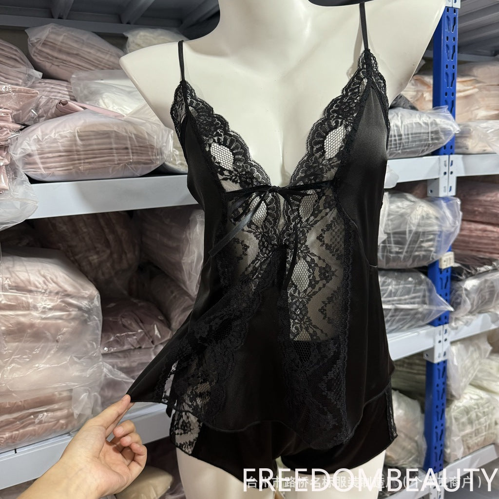 FREEDOMBEAUTY | 7107 new pure desire sexy pajamas Internet celebrity women ice silk suspender backless lace sexy nightdress private temptation