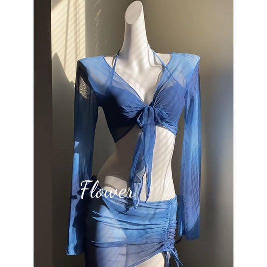 freedombeauty|[Blue Mist Gradient] Spring Summer New Sexy Brightening Pure Desire BIKINI Four-Piece Beach Spa Vacation Swimsuit