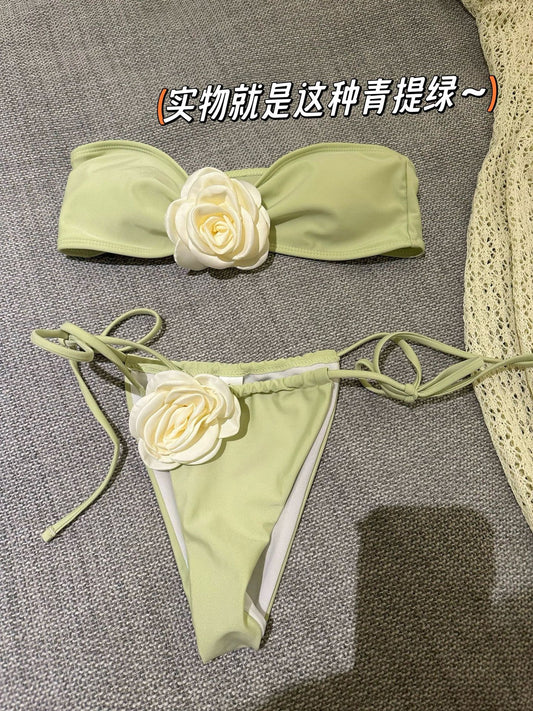 freedombeauty|[Princess Jasmine] Beach Vacation Long Dress Atmosphere Pure Desire Green Grape Green Two-Piece Swimsuit Bikini Sexy Summer