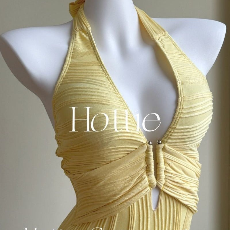 freedombeauty|New High-End Simple Elegant Striped One-Piece Swimsuit Slimming Beach Vacation Swimsuit Yellow Brightening Sexy Summer