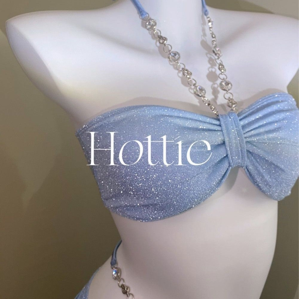 freedombeauty|Baby Blue Diamond Chain Bikini Three-Piece Set for Girls Vacation Hip-Hugging Two-Piece Swimsuit Ins Style Hot Spring