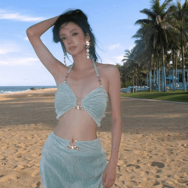 freedombeauty|[Mint Mambo] Sexy Two-Piece Skirt Style Three-Piece Bikini Small Chest Gathered Hot Spring Beach Vacation Swimsuit