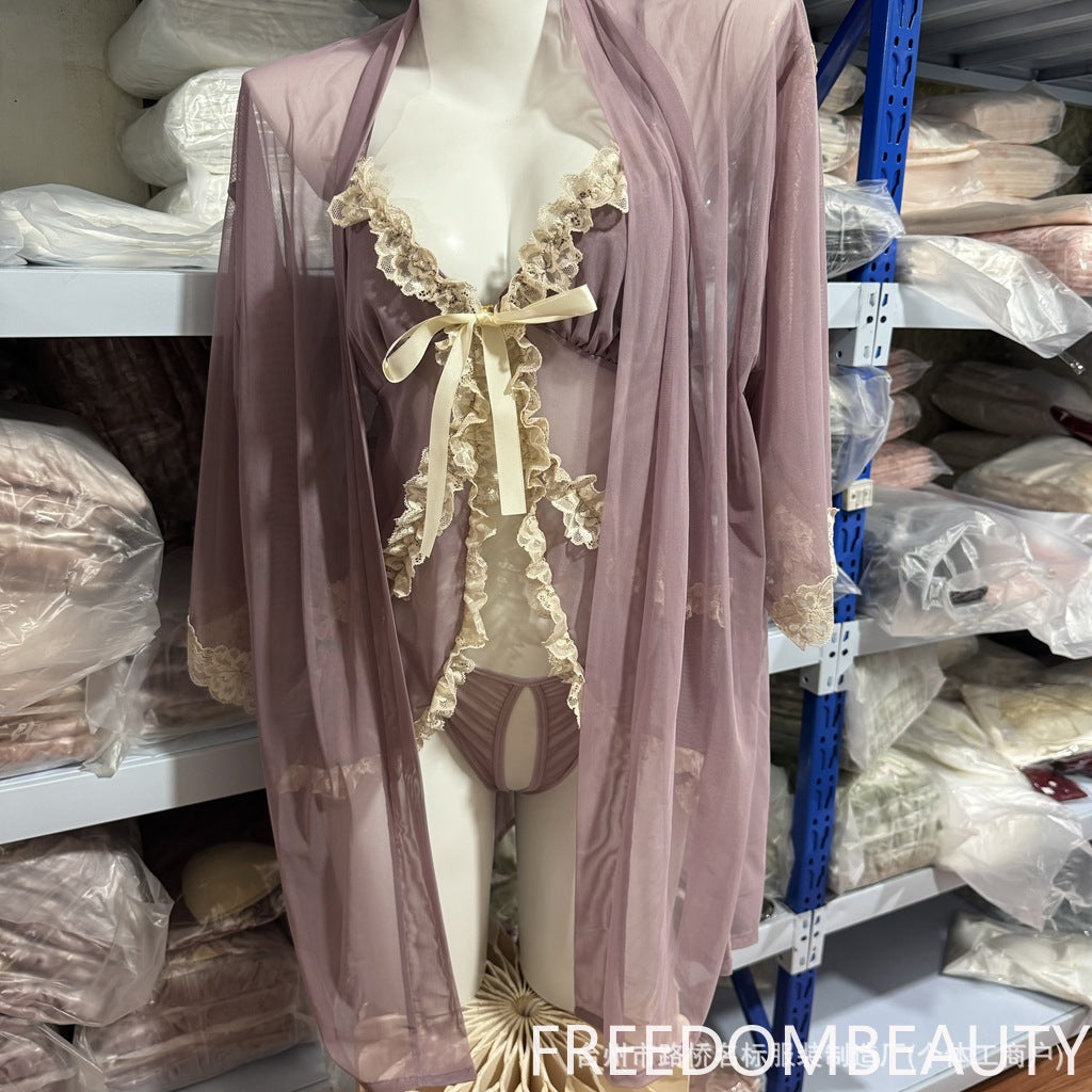 FREEDOMBEAUTY | 5099 Sexy mesh lace robe lace-up jacket New spot cardigan, matching nightgown