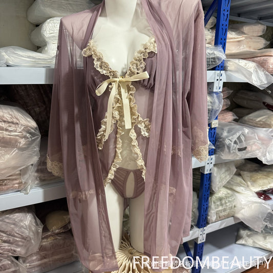 FREEDOMBEAUTY | 5099 Sexy mesh lace robe lace-up jacket New spot cardigan, matching nightgown