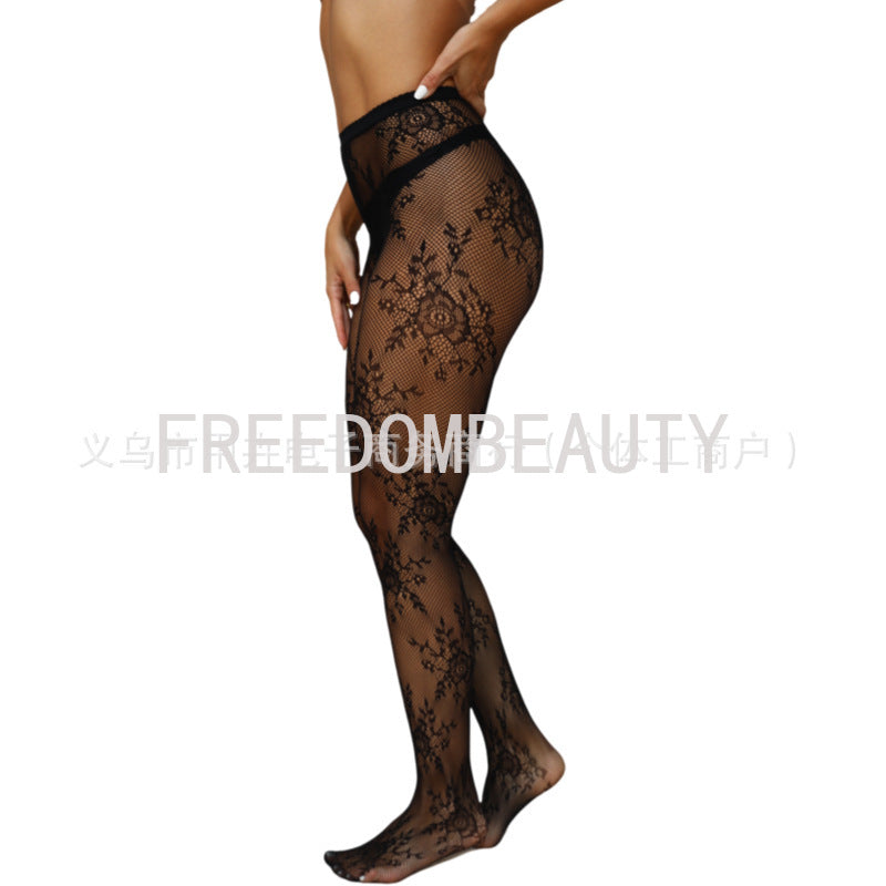 FREEDOMBEAUTY | Cross-border French retro hollow flower stockings spring and summer jacquard fishnet socks black silk mesh socks