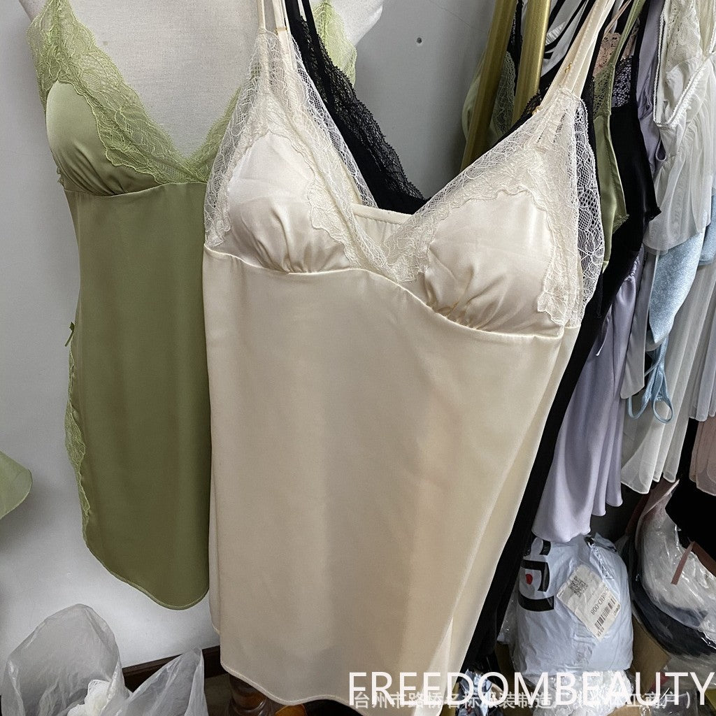 FREEDOMBEAUTY | 7077 Sexy pajamas women's summer ice silk new nude lace premium light luxury with chest pad suspender nightdress