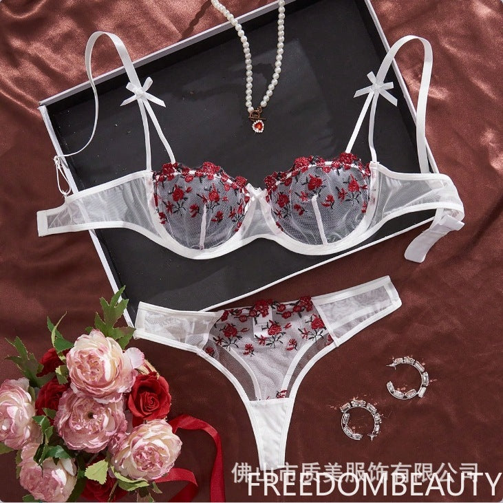 FREEDOMBEAUTY | Y French underwear feminine ink painting embroidery butterfly lace bra set thin cotton cup big breasts show small bra