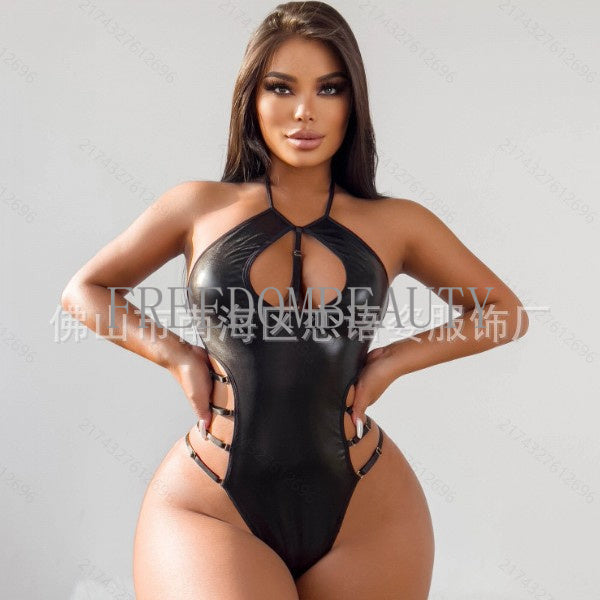 Freedombeauty | Black Pu Patent Leather Metal Hollow Halter Spaghetti Straps Sexy Seduction Sexy Home Pajamas