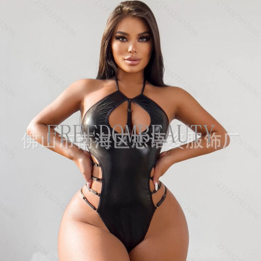 Freedombeauty | Black Pu Patent Leather Metal Hollow Halter Spaghetti Straps Sexy Seduction Sexy Home Pajamas