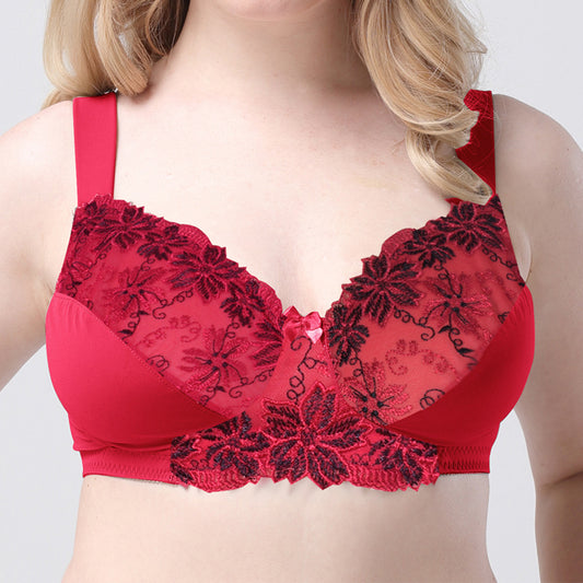 Freedombeauty | Wide Shoulder Strap Translucent Lace Embroidery High-End European and American Ultra-Thin Breathable Big Chest Slimming Underwear for Plump Girls
