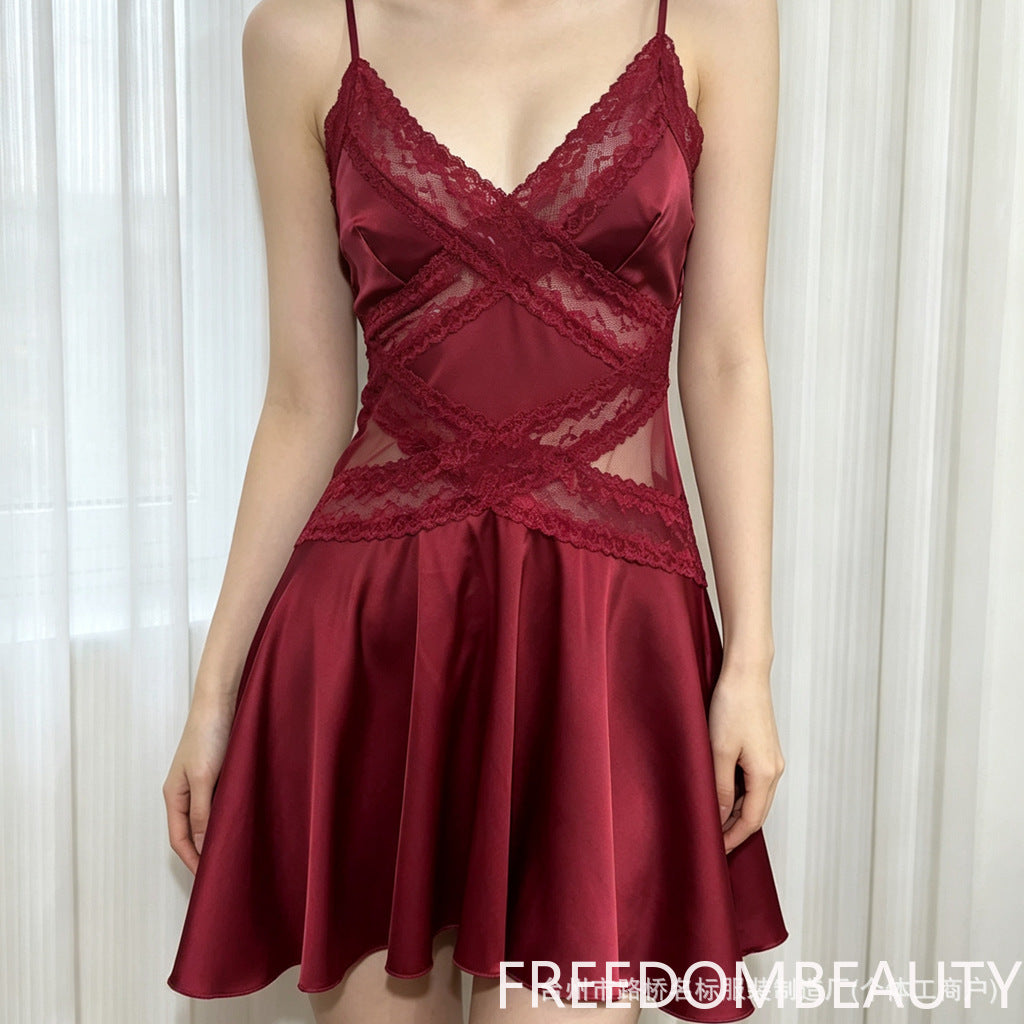 FREEDOMBEAUTY71090 Lace suspender nightdress women's summer ice silk pure desire wind perspective splicing sexy loungewear with chest pad